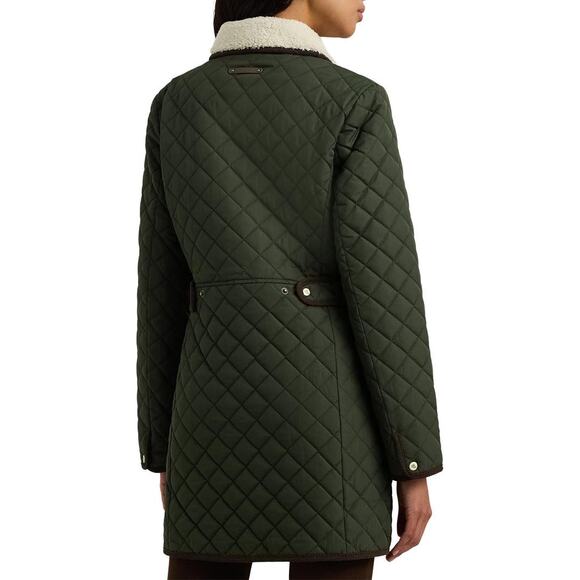 Ralph Lauren Quilted Jacket Faux Shearling Collar Green Size S Hooded Equestrian - Picture 2 of 7